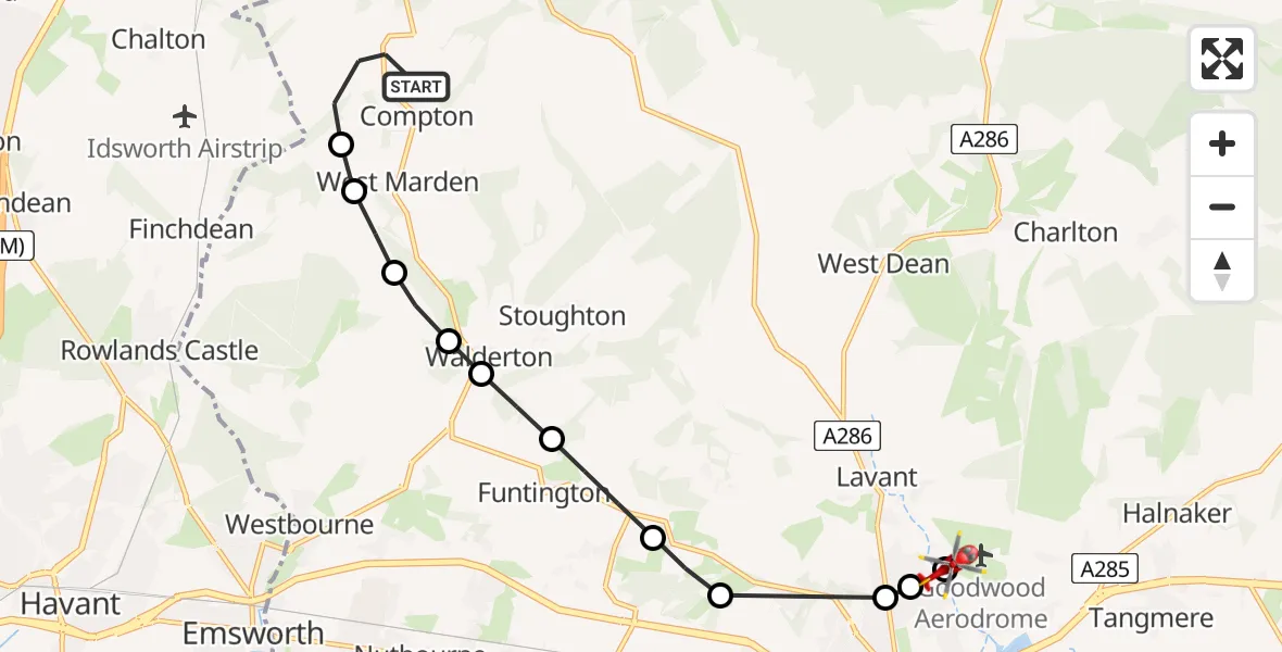 Flight route Air Ambulance Helicopter Compton - Westhampnett, 11 August 2026, 09:20