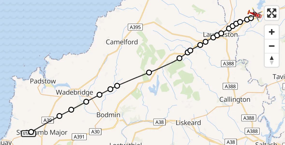 Flight route Air Ambulance Helicopter Cornwall Airport Newquay - Broadwoodwidger, 11 August 2026, 09:29