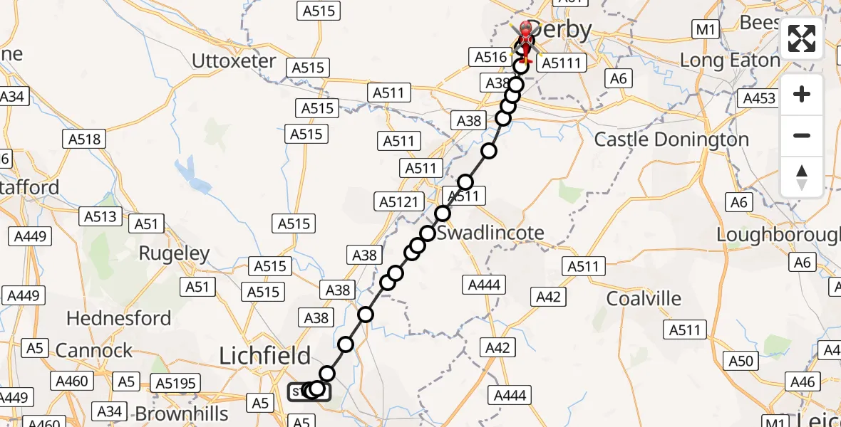 Flight route Air Ambulance Helicopter Whittington Heath - Royal Derby Trauma Unit, 11 August 2026, 09:40