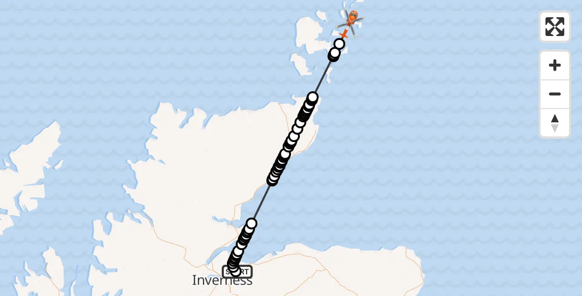 Flight route Coastguard Helicopter Inverness Airport - North Atlantic Ocean, 11 August 2026, 09:53