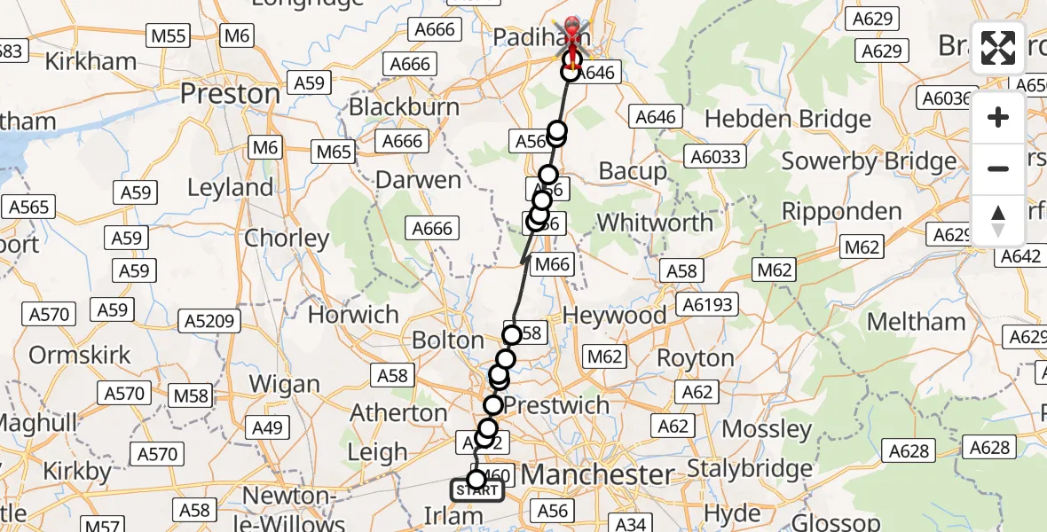 Flight route Air Ambulance Helicopter Manchester Barton Aerodrome - Padiham, 11 August 2026, 09:53