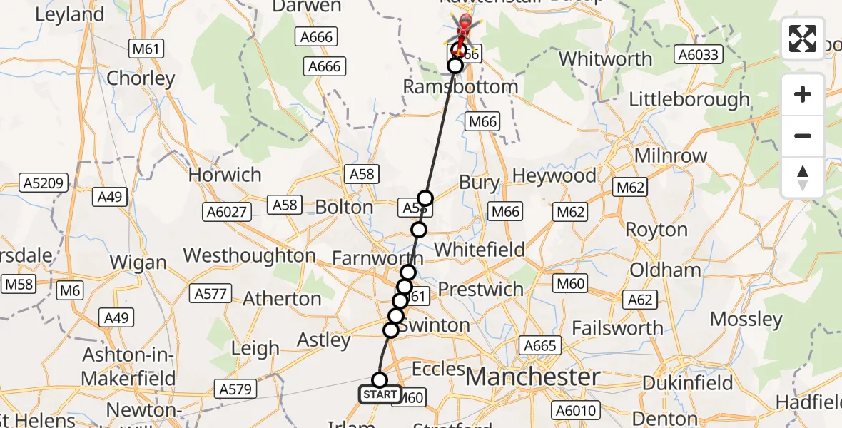 Flight route Air Ambulance Helicopter Manchester Barton Aerodrome - Ewood Bridge, 11 August 2026, 09:54