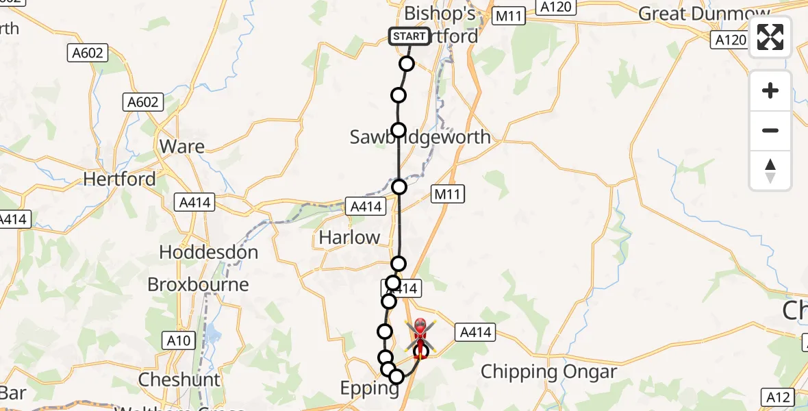 Flight route Air Ambulance Helicopter Bishop's Stortford - North Weald Airfield, 11 August 2026, 09:55