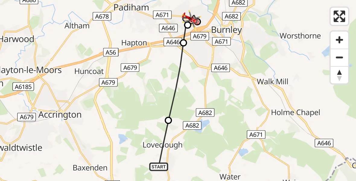 Flight route Air Ambulance Helicopter Loveclough - Padiham, 11 August 2026, 10:01