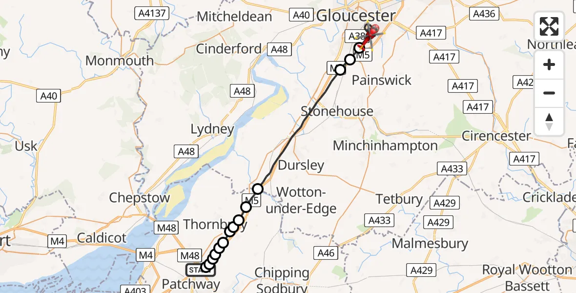 Flight route Air Ambulance Helicopter Almondsbury Helicopter Base - Gloucester, 11 August 2026, 10:02
