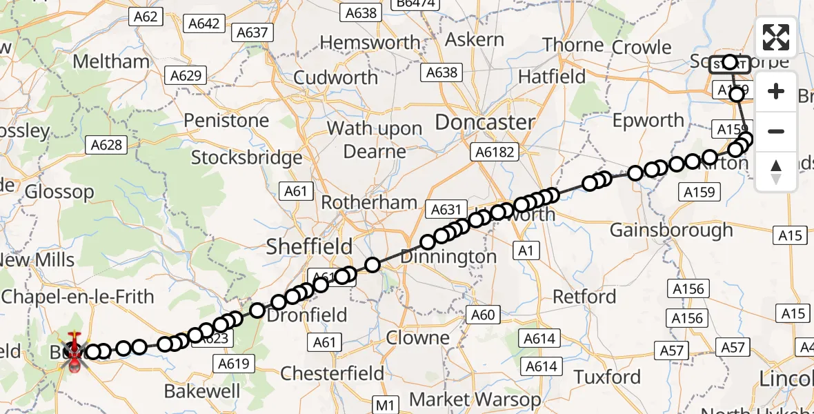 Flight route Air Ambulance Helicopter Scunthorpe Hospital - Buxton, 11 August 2026, 10:03