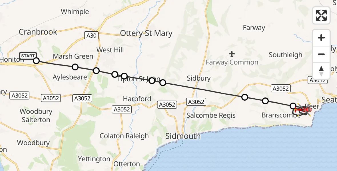 Flight route Air Ambulance Helicopter Exeter International Airport - Beer, 11 August 2026, 10:06