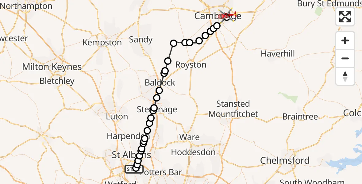 Flight route Air Ambulance Helicopter Frogmore - Cambridge City Airport, 11 August 2026, 10:12