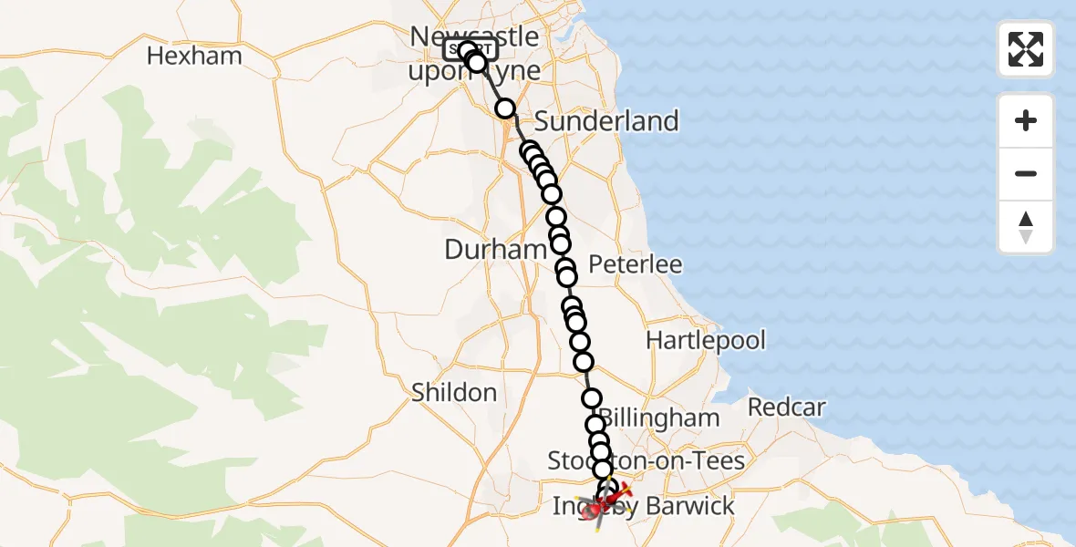 Flight route Air Ambulance Helicopter Newcastle Royal Victoria Infirmary - Egglescliffe, 11 August 2026, 10:24