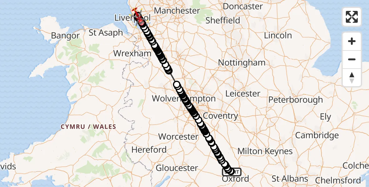 Flight route Air Ambulance Helicopter London Oxford Airport - Knotty Ash, 11 August 2026, 10:26