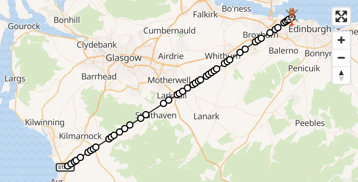 Flight route Coastguard Helicopter Glasgow Prestwick Airport - North Sea, 11 August 2026, 10:29