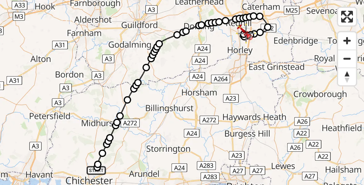 Flight route Air Ambulance Helicopter Goodwood Aerodrome - Redhill Aerodrome, 11 August 2026, 10:30