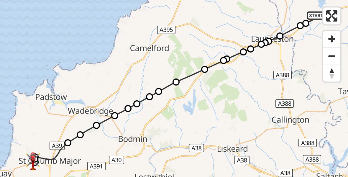 Flight route Air Ambulance Helicopter Broadwoodwidger - Cornwall Airport Newquay, 11 August 2026, 10:30