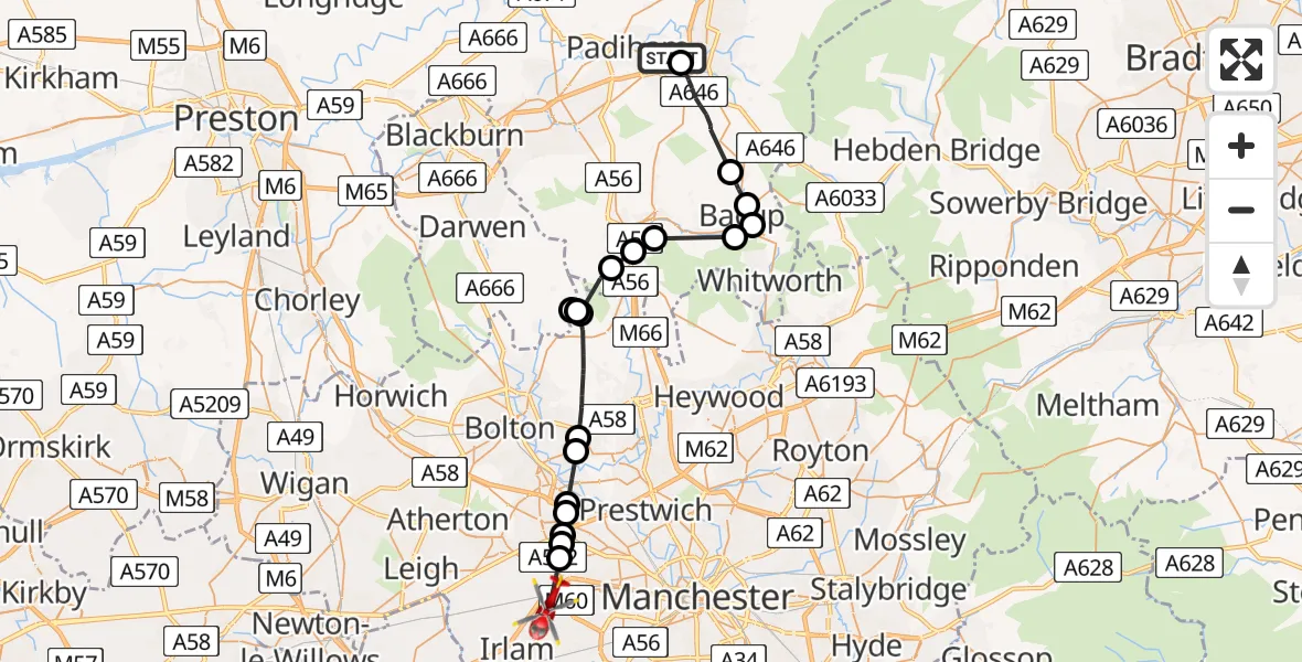 Flight route Air Ambulance Helicopter Padiham - Manchester Barton Aerodrome, 11 August 2026, 10:31