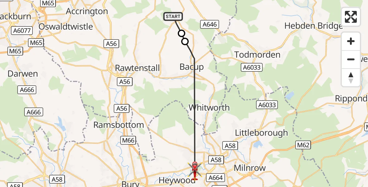 Flight route Air Ambulance Helicopter Burnley - Heywood, 11 August 2026, 10:34