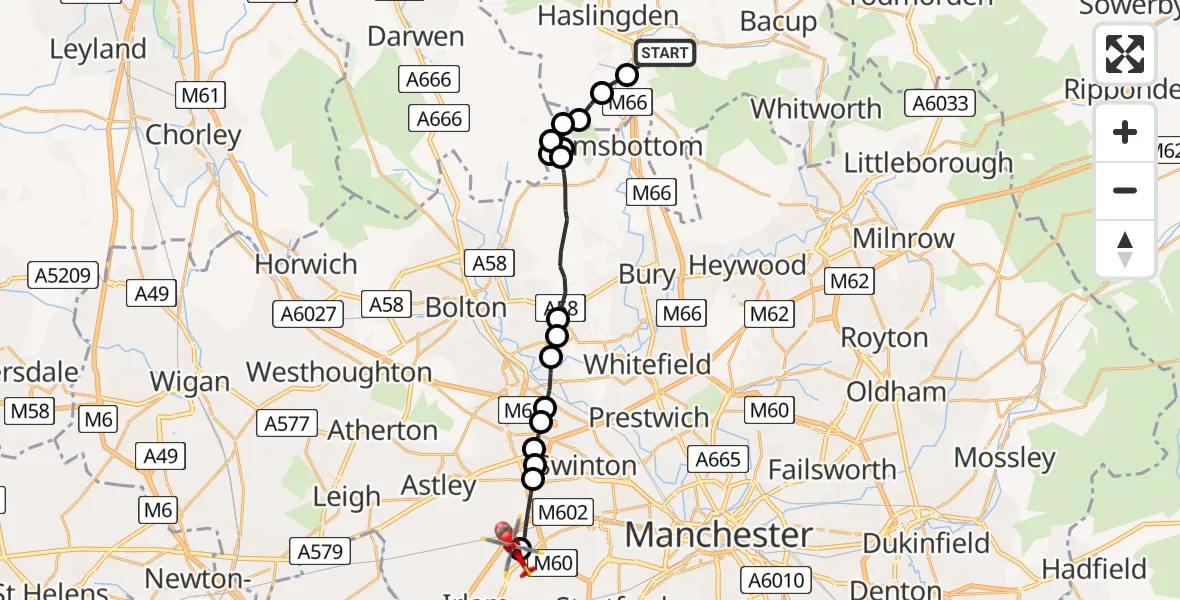 Flight route Air Ambulance Helicopter Rawtenstall - Manchester Barton Aerodrome, 11 August 2026, 10:40