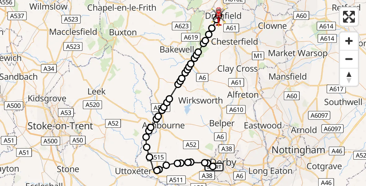 Flight route Air Ambulance Helicopter Royal Derby Trauma Unit - Dronfield, 11 August 2026, 10:42