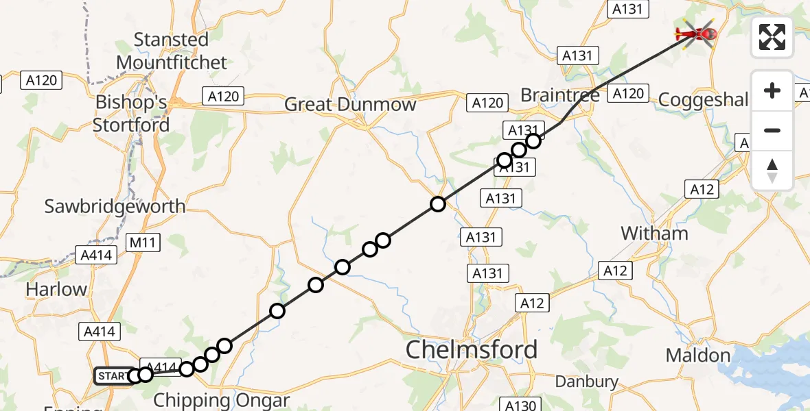 Flight route Air Ambulance Helicopter North Weald Airfield - Earls Colne Airfield, 11 August 2026, 10:46