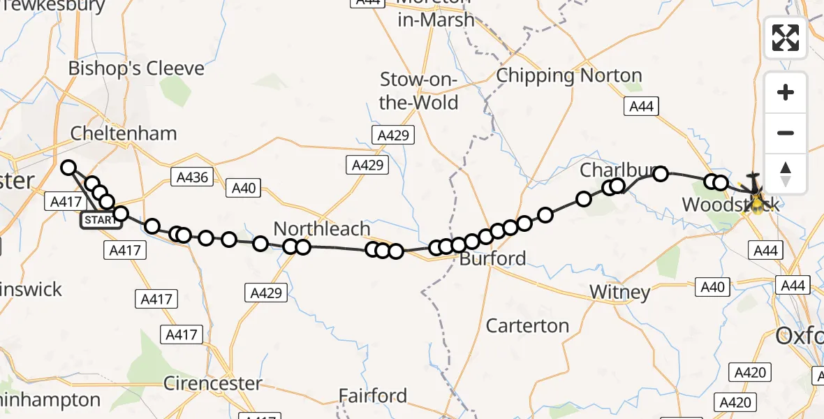 Flight route Police Helicopter Birdlip - Woodstock, 11 August 2026, 10:46
