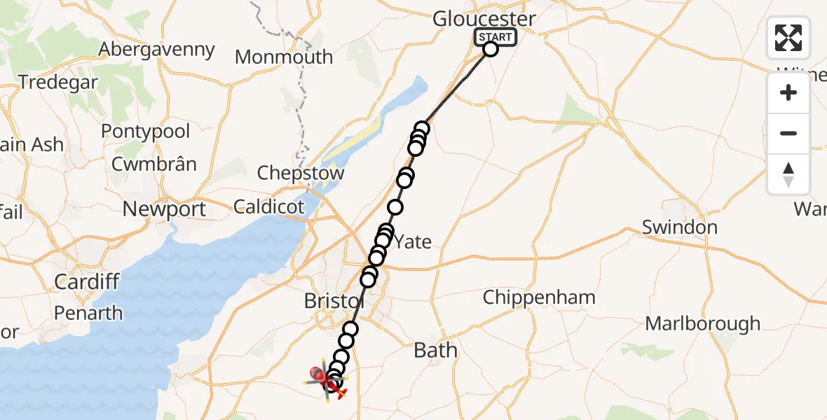 Flight route Air Ambulance Helicopter Gloucester - Chew Valley Lake, 11 August 2026, 10:51