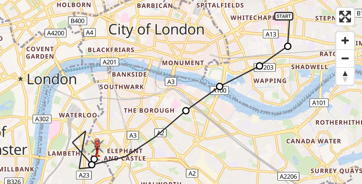 Flight route Air Ambulance Helicopter Royal London Hospital - Waterloo, 11 August 2026, 10:54