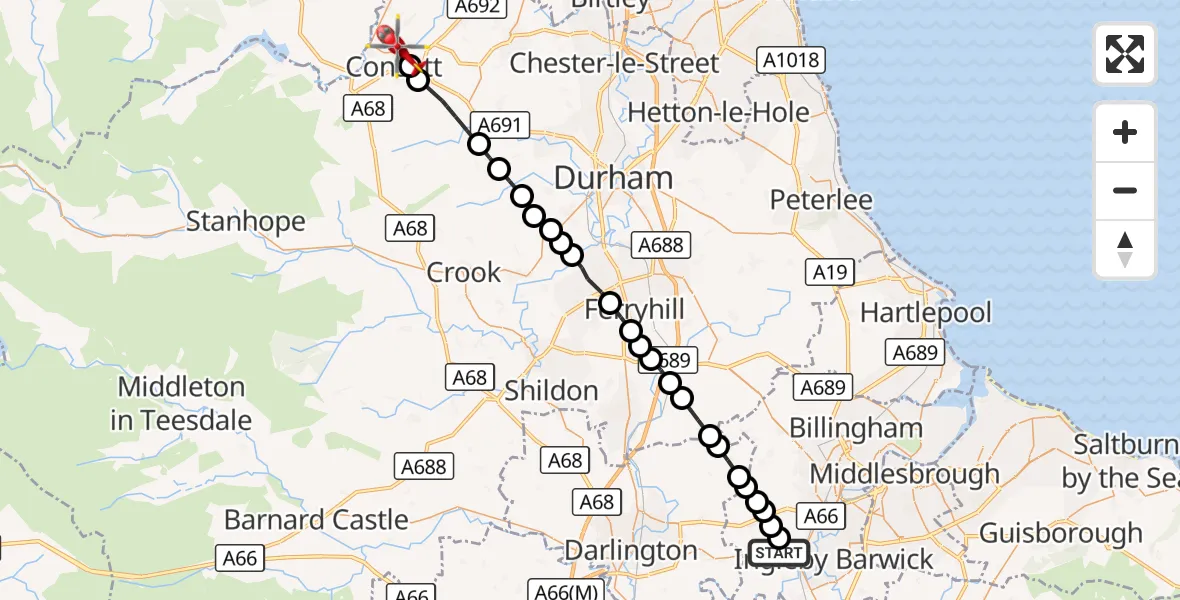 Flight route Air Ambulance Helicopter Egglescliffe - Consett, 11 August 2026, 11:01
