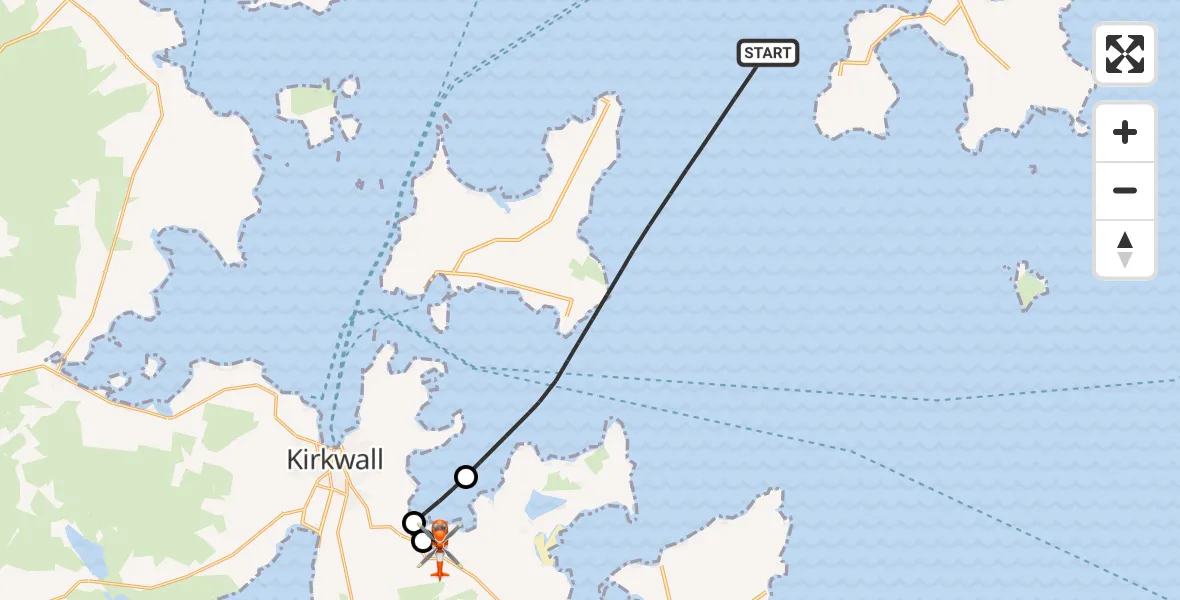 Flight route Coastguard Helicopter North Atlantic Ocean - Kirkwall Airport, 11 August 2026, 11:03