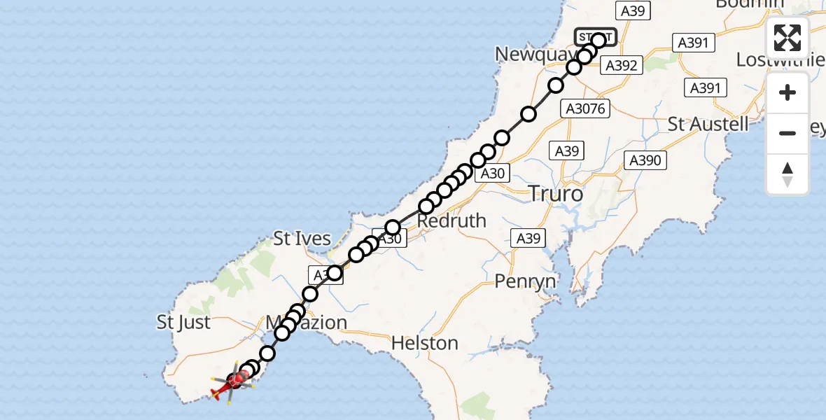 Flight route Air Ambulance Helicopter Cornwall Airport Newquay - St Buryan, Lamorna and Paul, 11 August 2026, 11:04