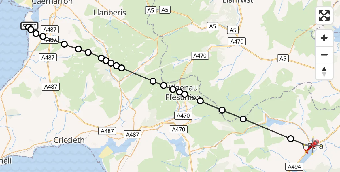 Flight route Air Ambulance Helicopter Caernarfon Airport - Y Bala, 11 August 2026, 11:04