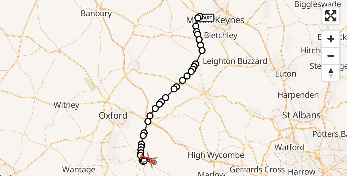 Flight route Air Ambulance Helicopter Wolverton - RAF Benson, 11 August 2026, 11:05