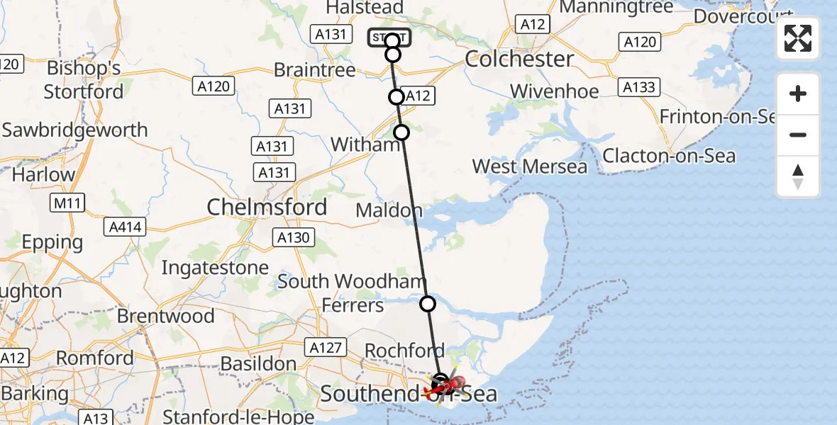 Flight route Air Ambulance Helicopter Earls Colne Airfield - Shoeburyness, 11 August 2026, 11:08