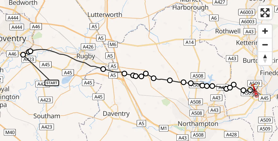 Flight route Air Ambulance Helicopter Rugby - Wellingborough, 11 August 2026, 11:27