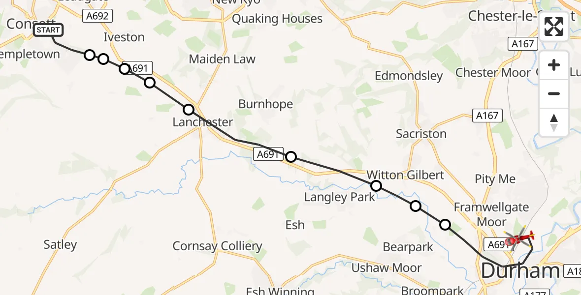 Flight route Air Ambulance Helicopter Consett - Durham, 11 August 2026, 11:31