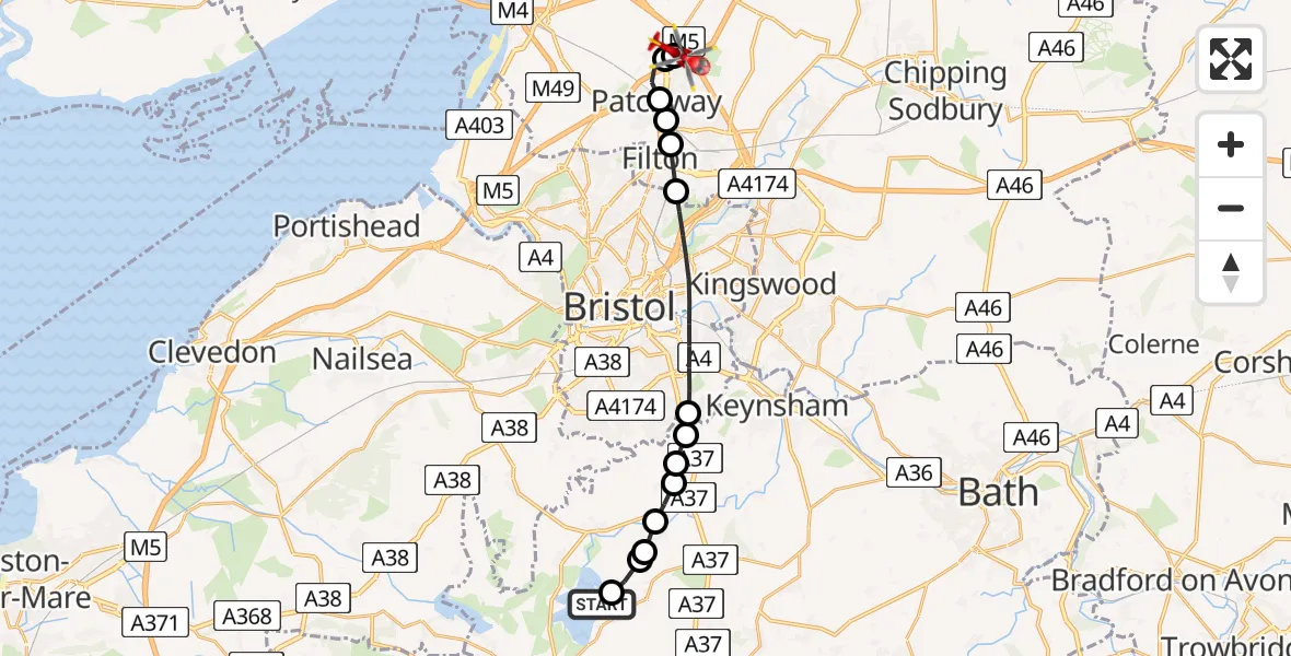 Flight route Air Ambulance Helicopter Chew Valley Lake - Almondsbury Helicopter Base, 11 August 2026, 11:35