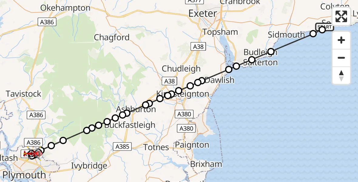 Flight route Air Ambulance Helicopter Beer - Derriford Hospital, 11 August 2026, 11:41