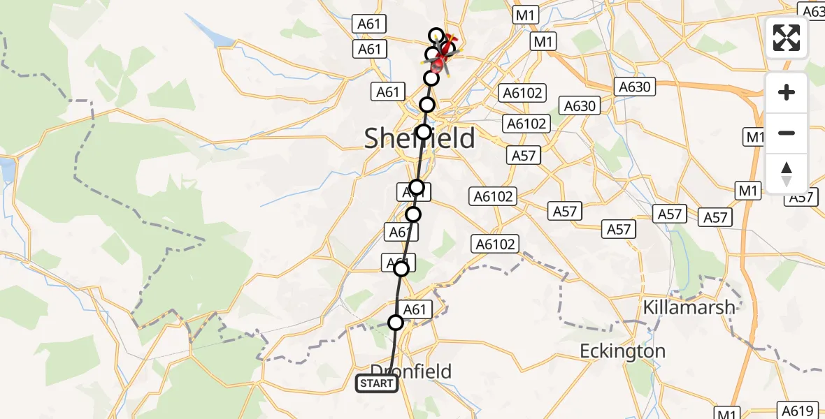 Flight route Air Ambulance Helicopter Dronfield - Sheffield Northern Hospital, 11 August 2026, 11:42