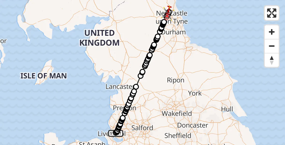 Flight route Air Ambulance Helicopter Knotty Ash - Newcastle International Airport, 11 August 2026, 11:51