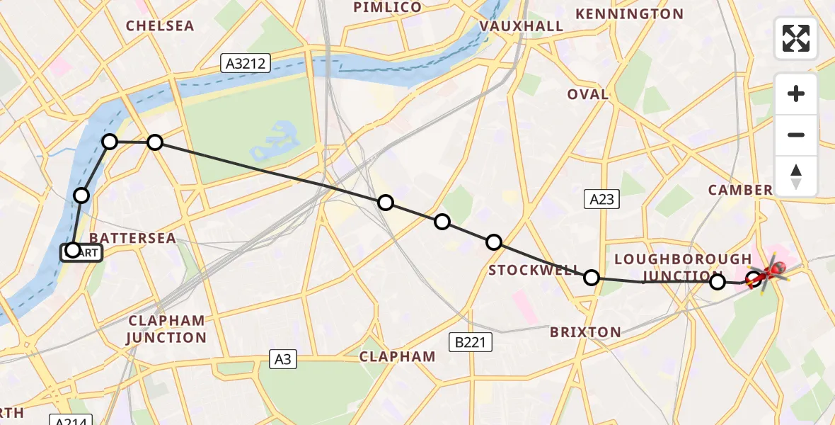 Flight route Air Ambulance Helicopter London Heliport - Kings College London Hospital, 11 August 2026, 11:54