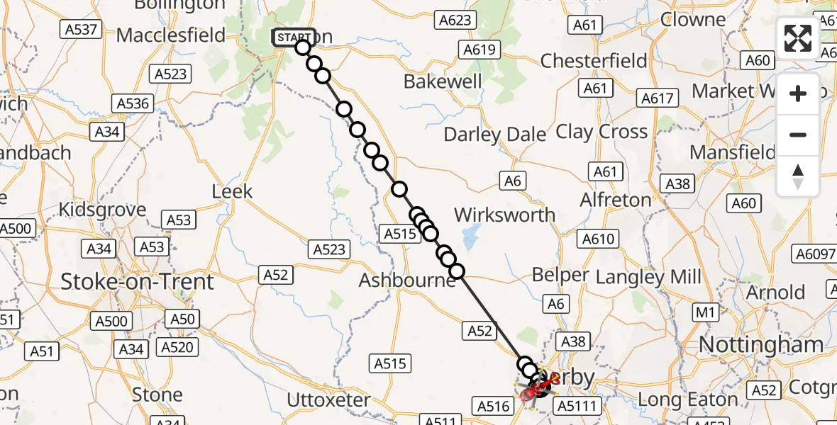 Flight route Air Ambulance Helicopter Buxton - Royal Derby Trauma Unit, 11 August 2026, 12:00