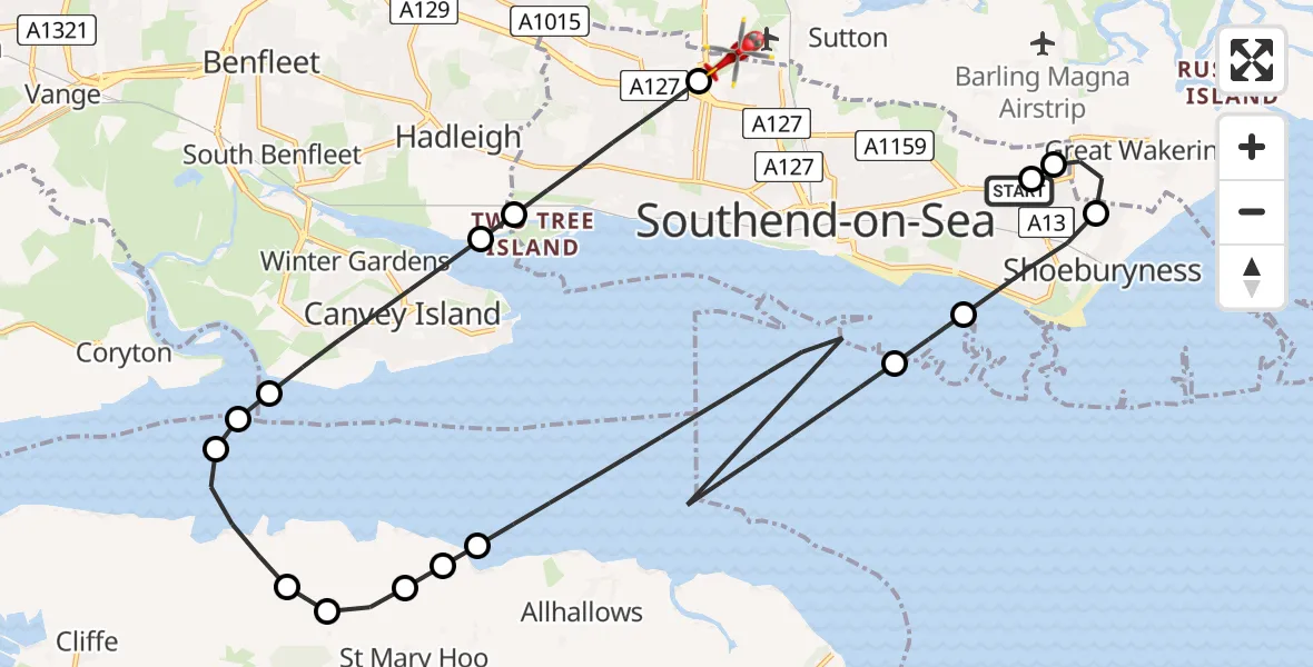 Flight route Air Ambulance Helicopter Shoeburyness - London Southend Airport, 11 August 2026, 12:02