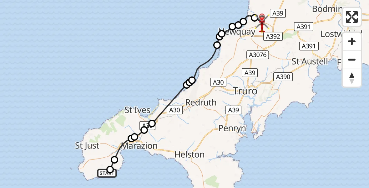 Flight route Air Ambulance Helicopter St Buryan, Lamorna and Paul - Cornwall Airport Newquay, 11 August 2026, 12:02