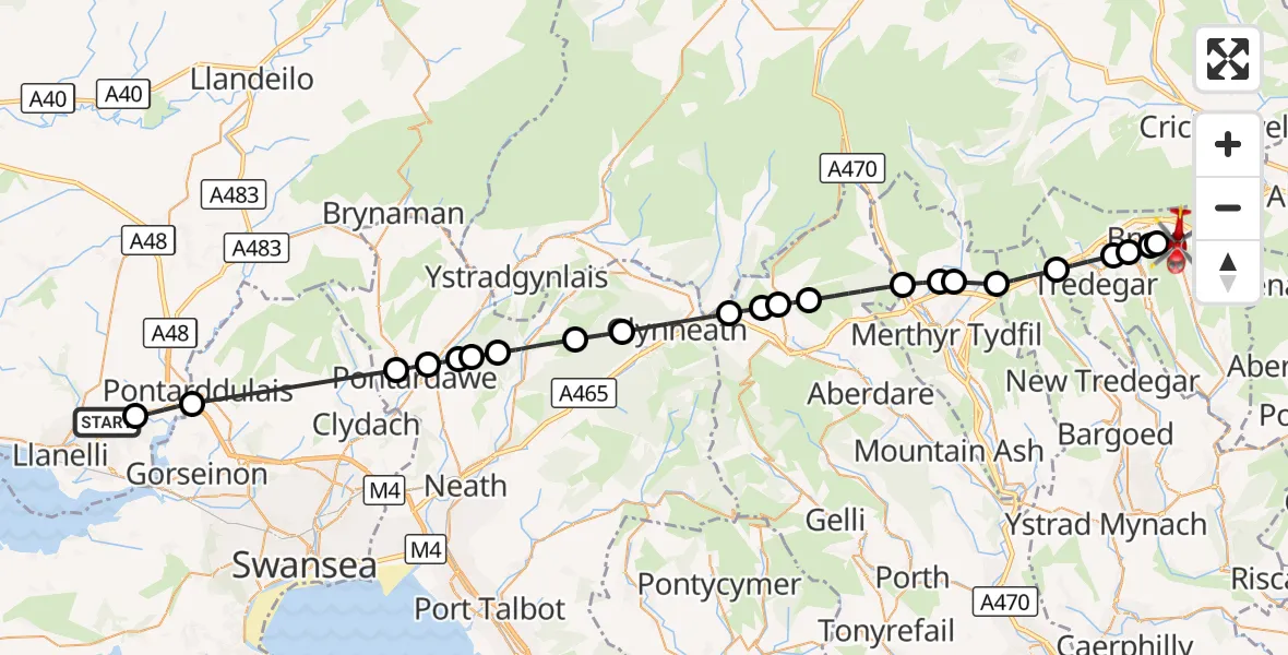 Flight route Air Ambulance Helicopter Dafen - Brynmawr, 11 August 2026, 12:08
