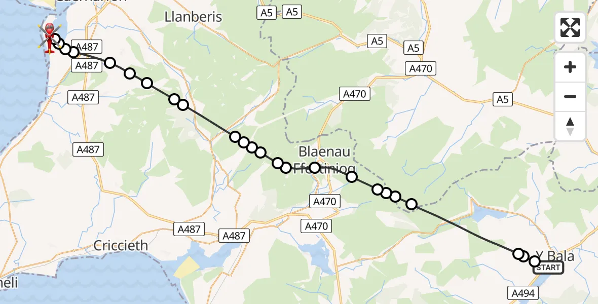 Flight route Air Ambulance Helicopter Llyn Tegid - Caernarfon Airport, 11 August 2026, 12:14