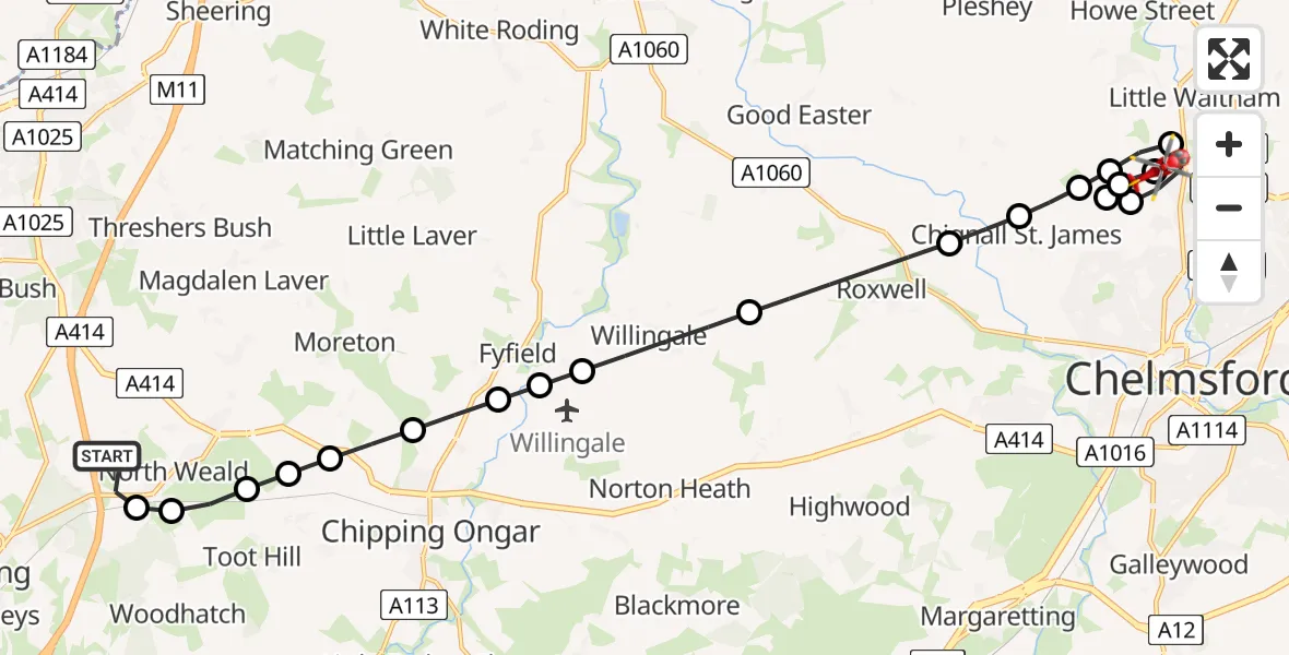 Flight route Air Ambulance Helicopter North Weald Airfield - Broomfield Hospital, 11 August 2026, 12:16