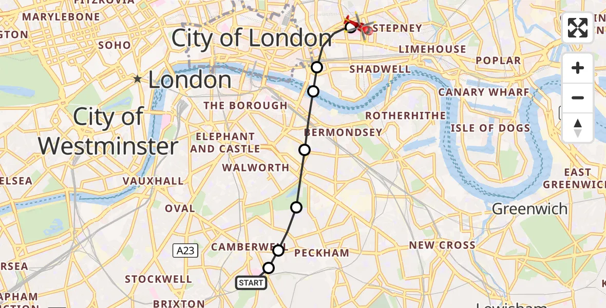 Flight route Air Ambulance Helicopter Kings College London Hospital - Royal London Hospital, 11 August 2026, 12:23