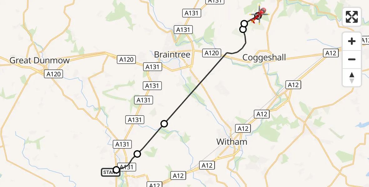 Flight route Air Ambulance Helicopter Broomfield Hospital - Earls Colne Airfield, 11 August 2026, 12:32