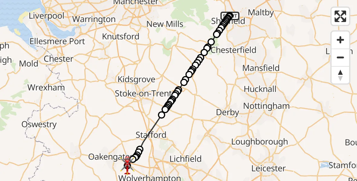 Flight route Air Ambulance Helicopter Sheffield Northern Hospital - Cosford, 11 August 2026, 12:37