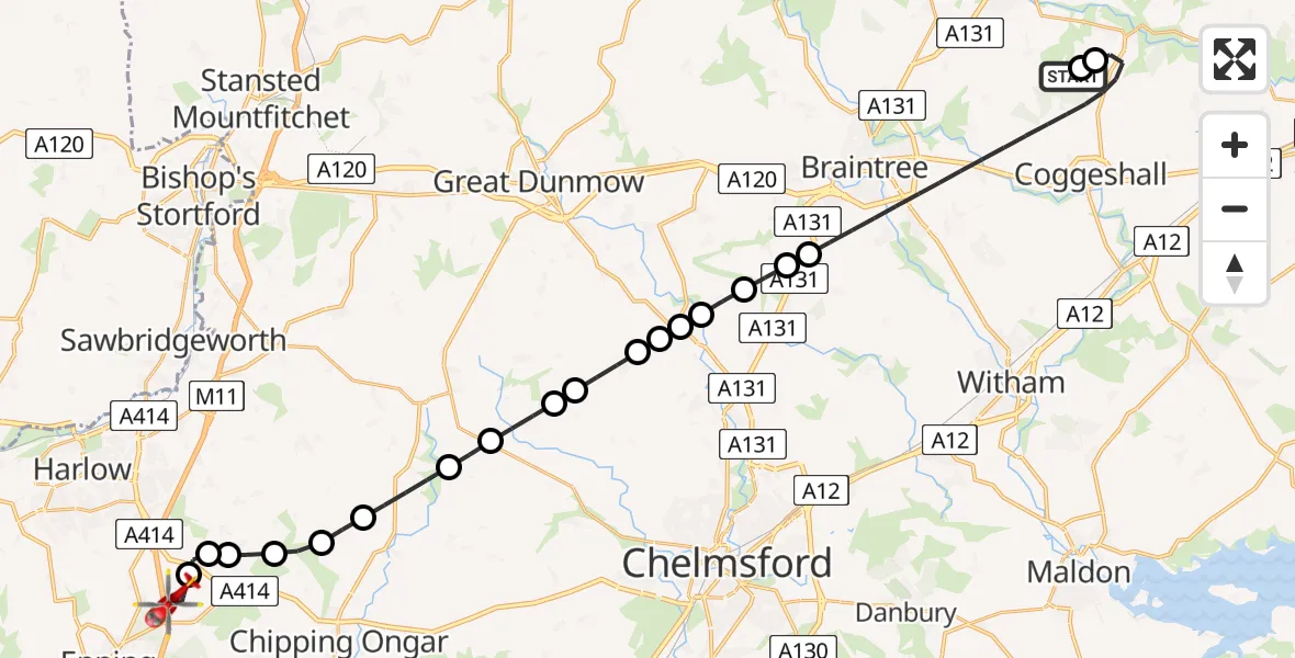 Flight route Air Ambulance Helicopter Braintree - North Weald Airfield, 11 August 2026, 12:40