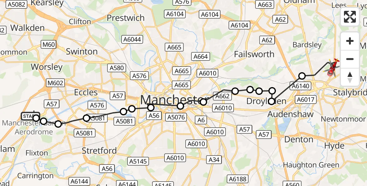 Flight route Air Ambulance Helicopter Manchester Barton Aerodrome - Ashton-under-Lyne, 11 August 2026, 12:45