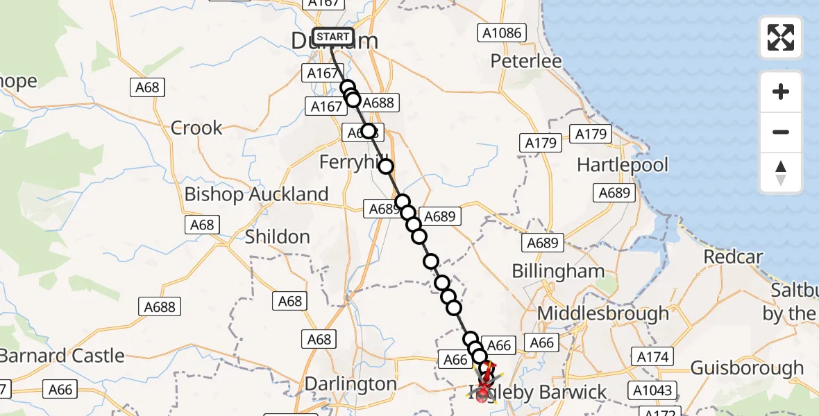 Flight route Air Ambulance Helicopter Durham - Egglescliffe, 11 August 2026, 12:45